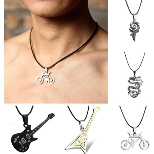 Stainless Steel Necklace For Men Pop Music Guitar Fire Flame Dragon Bicycle Pendants Men Leather Chain Choker Necklaces Jewelry