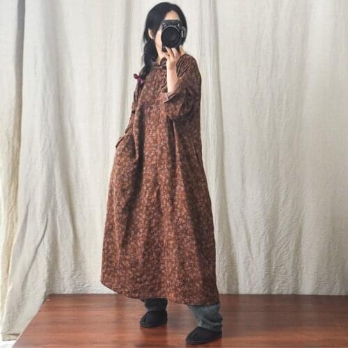 Women Loose Linen Printed Robe Dress Ladies Loose Qipao Dresses Female 2021 Spring Autumn Flax Dress