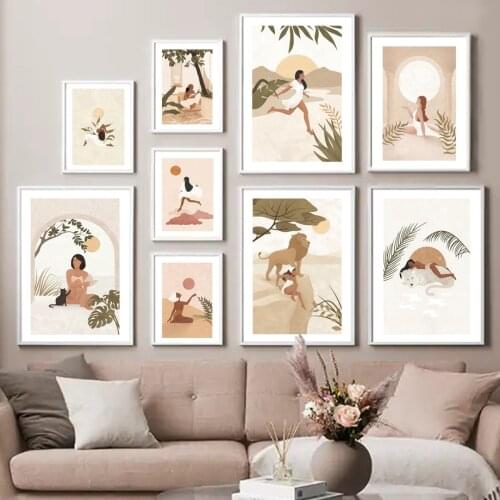 Bohemia Girl Lion Tiger Tropical Plants Vintage Nordic Poster Wall Art Print Canvas Painting Home Decor Pictures For Living Room