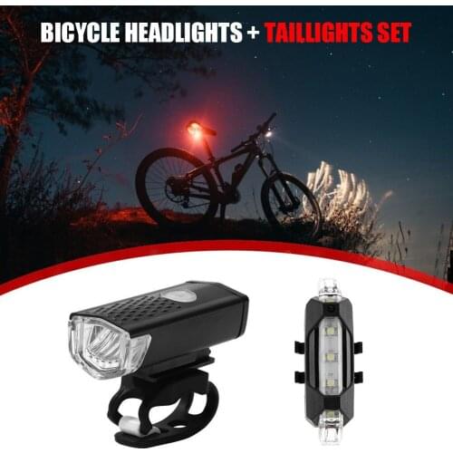 2Pcs Bike Front Light Rear Taillight Kit Bicycle Cycling Safe Warning Lamp Flashlight LED USB Rechargeable Bicycle Lights