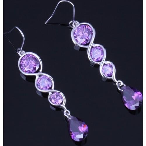 Attractive Water Drop Purple Cubic Zirconia Silver Plated Drop Dangle Earrings V0211