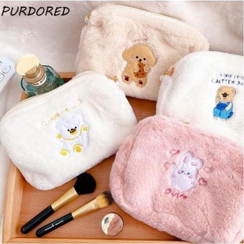 PURDORED 1 Pc Cartoon Embroidery Cosmetic Bag Women Soft PlushMakeup Bag Pearl Zipper Travel Make Up Organizer Toiletry Bag