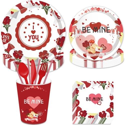 Romantic Rose Dinner Plates I Love U Valentines Day Party Decoration Be Mine Disposbale Tableware Sweet Wedding Party Favor