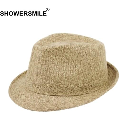 SHOWERSMILE Men Fedora Hats Classic Solid Linen Jazz Cap Male Khaki Brand British Style Spring Summer Plain Outdoor Beach Hat