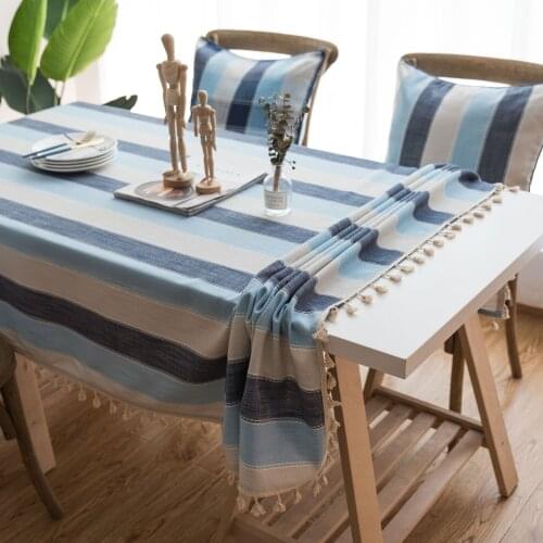 Mediterranean Style Blue Striped Rectangular Tablecloth Style Blue Fabric Cotton Dining Table Rectangular Coffee Table Cloth