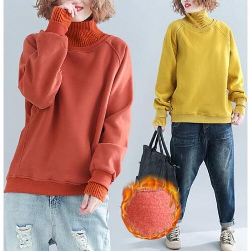 Womens Korean Style Hooded Sweatshirt 2020 Autumn Winter New Casual Solid Color Turtleneck Loose Female Thicken Pullovers M359