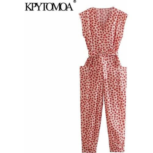 KPYTOMOA Women 2021 Chic Fashion With Belt Printed Jumpsuits Vintage Side Pockets Button-up Female Playsuits Mujer