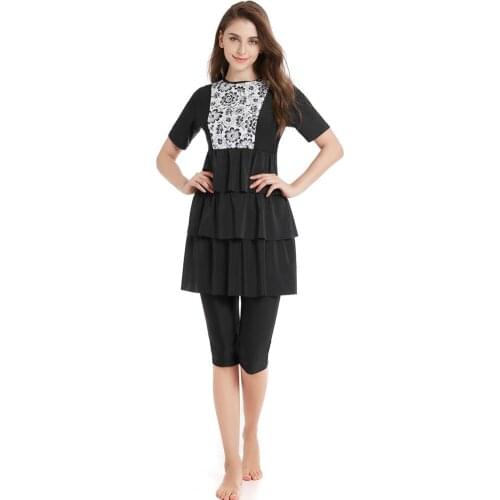 Womens Muslim Swimwear Short Sleeve Skirt Printed Female Bathing Suit Two Piece Modest Swimsuit