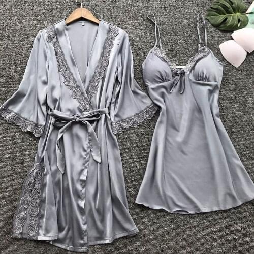 Women Silk Robe Gown Set Sexy Sleepwear Lingerie Dressing Summer Pajamas Lace Bathrobe Lounge Sleep Set Home Pijamas Femme #T1G
