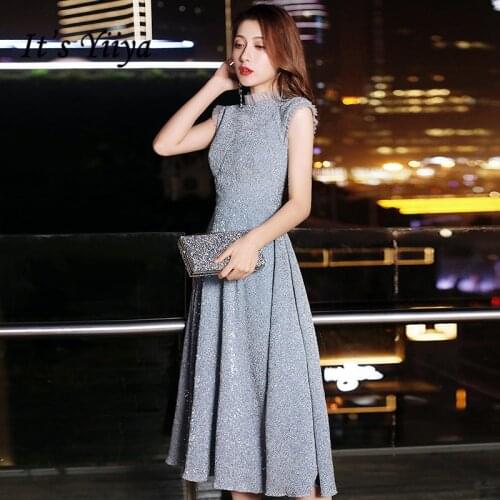 Its Yiiya Evening Dress 2020 For Women Formal Dresses Plus Size O-neck Sleeveless Robe De Soiree Shiny Silver Evening Gown K173