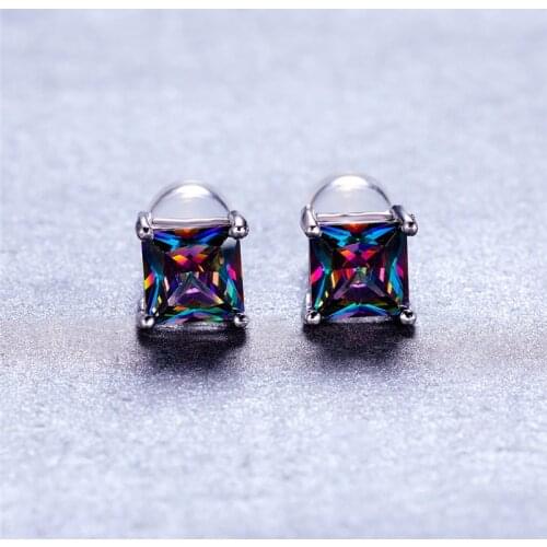 7MM Square Crystal Stone Earrings Mystic Rainbow Zircon Stud Earrings For Women Boho Silver Color Multicolor Birthstone Earrings