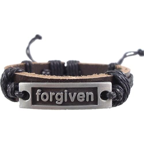 New Handmade Woven Forgiven Letters Alloy Charm Hemp Rope Genuine Leather Women Men Bracelet Vintage Wholesale Jewelry