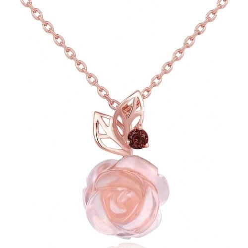 DANS ELEMENT Rose Flower 9mm 100% Natural Gemstone Rose Quartz Chain Necklace 925 Sterling Silver Jewelry DENI025