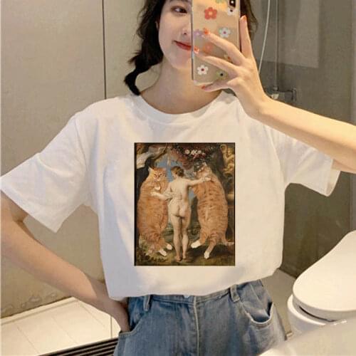 NEW Oil Painting Cat Graphic T Shirt Women Ullzang Cute Aesthetic T-shirt 90s Funny Cartoon T Shirt Cats Meow Top Tee Female