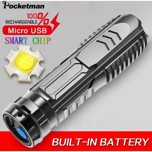 Portable USB Rechargeable Flashlight Pocket Hand Light Built-in Battery Torch Waterproof Flashlight for Camping Hiking Fishing