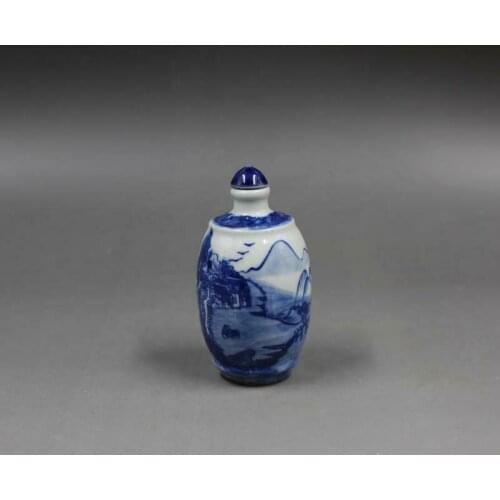 Chinese Blue and White Porcelain Qing Kangxi Landscape Design Snuff Bottle 3.07"