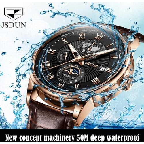 Classic mens mechanical watches luminous wristwatch male bracelet moon phase watch luxury brand JSDUN automatic deep waterproof