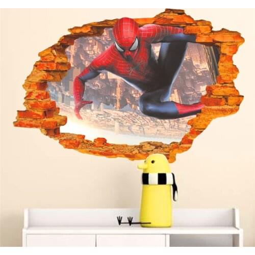 Cartoon hero spiderman through wall stickers for kids room wall art decorations 3d broken wall posters diy pvc decals boys gift