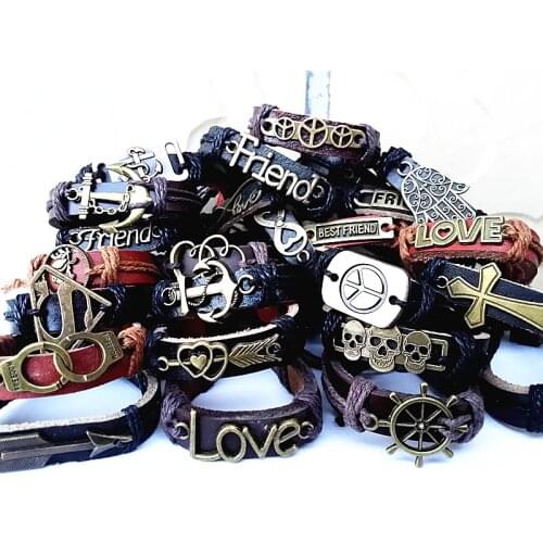 50pcs cuff mens leather bracelets surfer mixed styles vintage Copper alloy Ethnic brand bangle wristband wholesale lots bulk