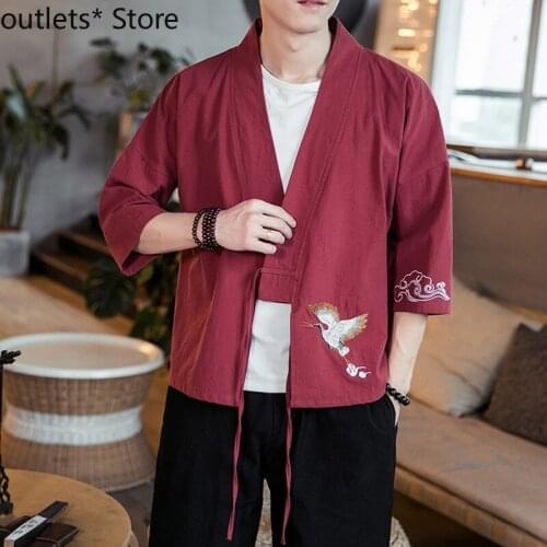 Man Japanese Style Cardigan Kimono Haori Summer Three Quarter Sleeve Cotton Coat Loose Crane Harajuku Embroidery Samurai Jacket