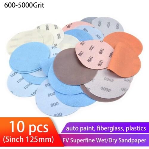 10PCS 5 Inch FV Superfine Sandpaper Wet/Dry Sanding Discs Hook & Loop Auto Body Film Paint Abrasive Sand paper, 600#-5000