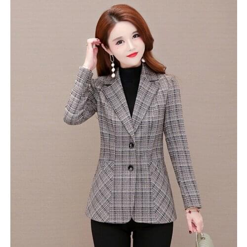 2021 Spring Autumn New Womens Fashion Plaid Jacket Full Sleeve Notched Single-Button Patchwork Slim Coat FemaleOffice Lady