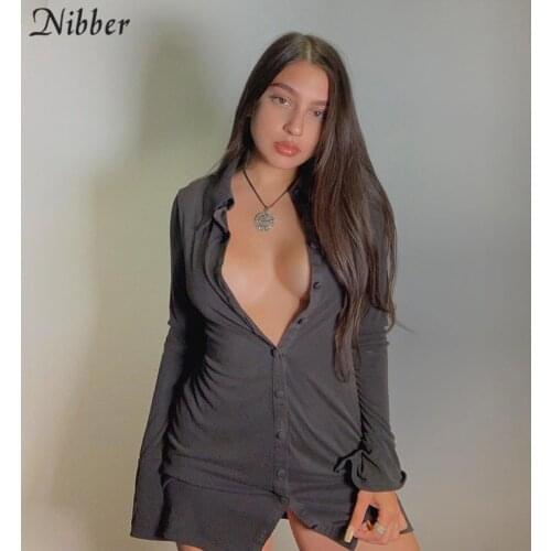 Nibber Solid Black Women Shirt Dress Fashion 2020 Autumn Long Sleeve Sexy Mini Dresses Bodycon Slim Basic Ruched Short Dress