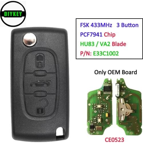 DIYKEY CE0523 OEM Remote Board Flip Remote Key 3 Button FSK 433MHz PCF7941 for PEUGEOT, for CITROEN C2 C3 C4 C5 C6, E33C1002