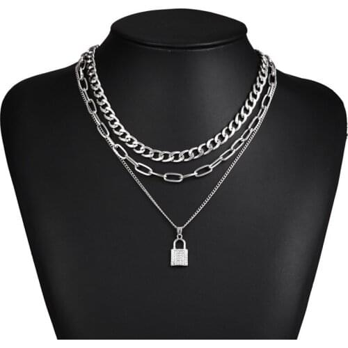 European and American Explosion Necklace Dot Diamond Small Lock Pendant Necklace Popular Hip Hop Metal Clavicle Chain Necklace