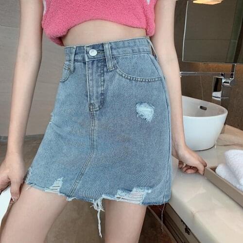 Burrs Hole Mini Korean Style Fashion WomenS Clothing Vintage 2021 Casual Denim High Waist Skirts Female Jeans Harajuku