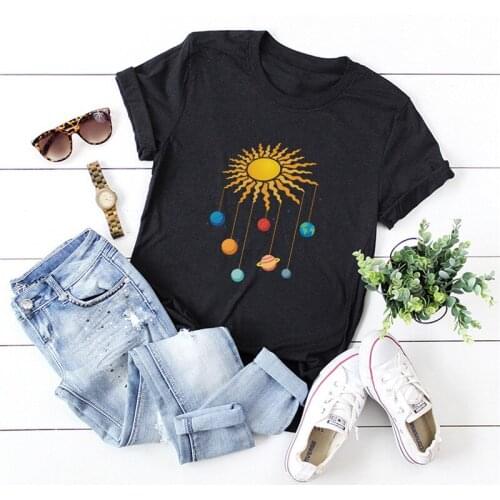 Plus Size S-5XL 100%Cotton T-Shirt Sun Planet Print T Shirt Women TShirt O Neck Short Sleeve Tees Summer Women Shirts Pink Tops