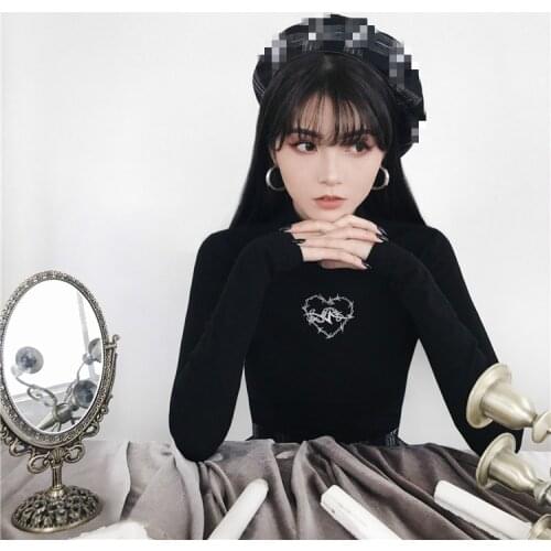 Ruibbit Gothic Punk Women Black T-Shirts Autumn Top Sexy Heart shaped embroidery Bodycon Solid Long Sleeve Party Pullover Shirts