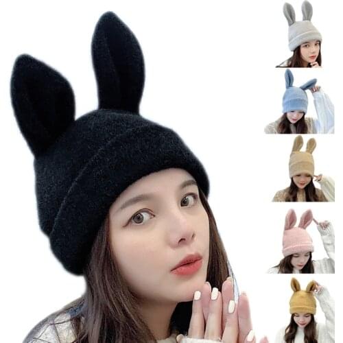 Women Winter Knit Beanie Hat Cute Rabbit Bunny Ears Solid Color Outdoor Stretchy Ski Skullies Cap Ear Warmer Photo Props