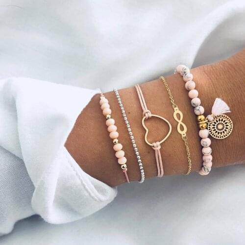 BLUESTAR Set Bracelets Boho Style Women Bangle Handmade Lady Chain Natural Stone Bead Alloy Bracelets Jewelry