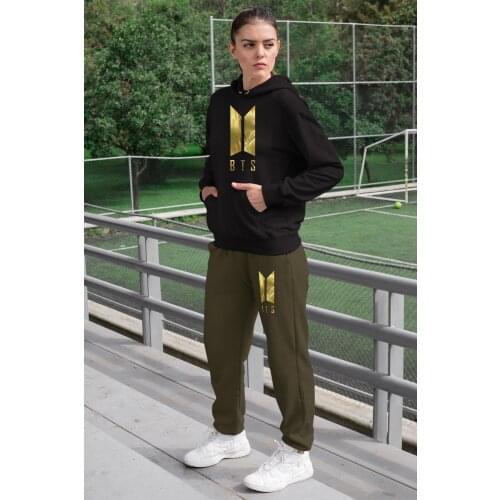 Angemiel Wear BTS Korean Women Tracksuit Set Black Hooded Sweatshirt Green Sweatpants