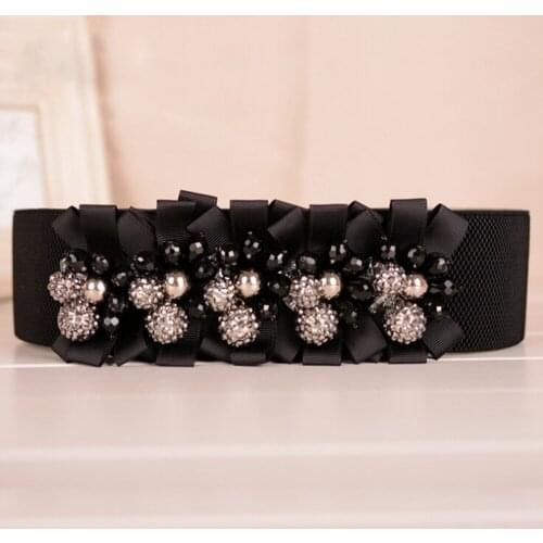 Women Vintage Cummerbunds Big Beads Flower Corset Belts Fashion Woman Elastic Waist Belt Black Stretch Waistband Strap