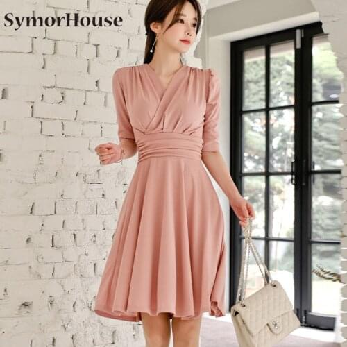 2021 Spring New Pink Formal Party Dress Ladies Elegant V-neck Half Sleeve A-line Business Work dresses Autumn