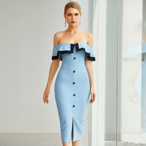 2021 Autumn Women Sexy Off Shoulder Midi Club Bandage Dress Sexy Buttons Blue Bodycon Celebrity Evening Runway Party Dress