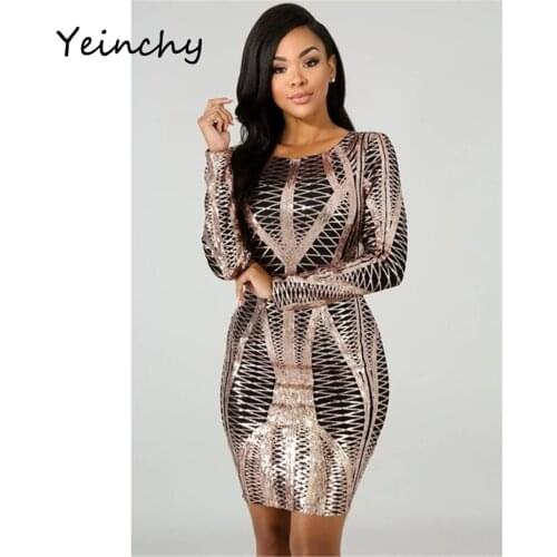 Yeinchy women sexy O neck long sleeve party dress retro sequin stretchy bodycon dress FM6049