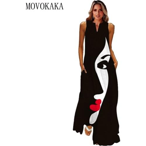 MOVOKAKA 3D Face Printed Black Dress Summer Holiday Beach Casual Vintage Dresses Woman Party Elegant Sleeveless Long Dress Women
