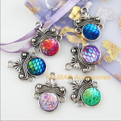 12Pcs Tibetan Silver Scales Flower Mixed Resin Charms Pendant Connectors 18x23mm