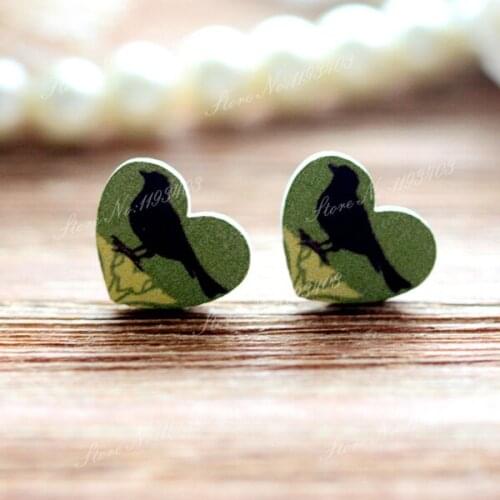16mm Bird Heart Shape Image Painted Wooded Laser Cut Cabochon to make Rings, Earrings, Bobby pin, pendant