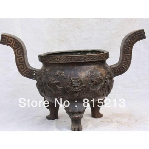 20" Chinese Bronze Dragon Lion Statue Buddhism Bowl Incense Burner Censer