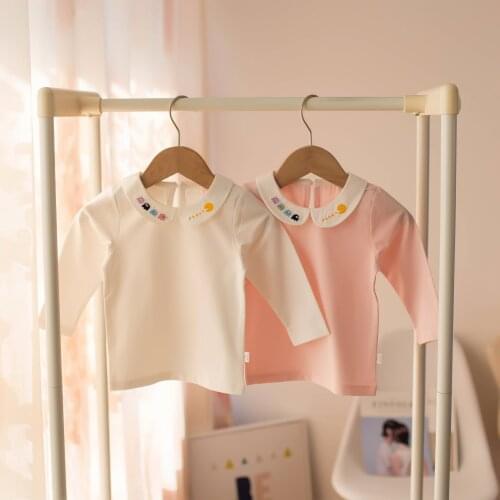 2021 Autumn 1 2 3 4 5 Years Childrens White Pink Color Long Sleeve Basic Peter Pan Collar Cartoon Embroidery T-Shirt Kids Girls