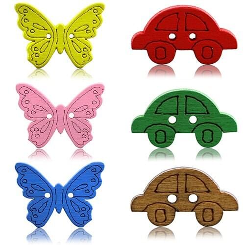 50Pcs Multicolor Cartoon Car Butterfly 2 Holes Scrapbook Sewing Wooden Buttons 6QBU