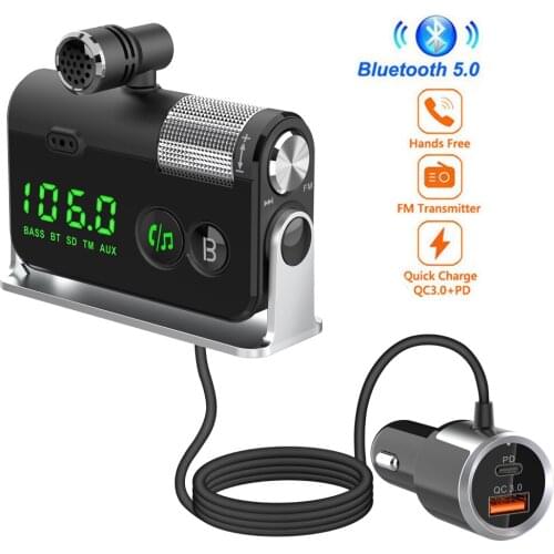 FM Modulator Transmitter Bluetooth 5.0 FM Radio PD+QC3.0 USB Phone Charger Handsfree Car Kit Wireless Aux Audio Support TF Card