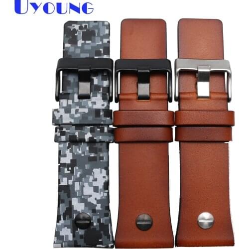 Quality genuine leather watchbands camouflage|brown color bracelet 28mm diesel watch strap with nail wristwatches belt band