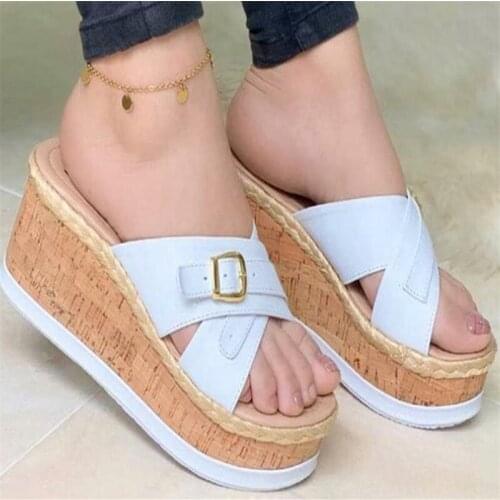 Summer Casual Womens Slippers 2021 Fashion Simple Lace-up Platform Buckle Design Trend Outer Wear Wedge Heel Womens Slippers