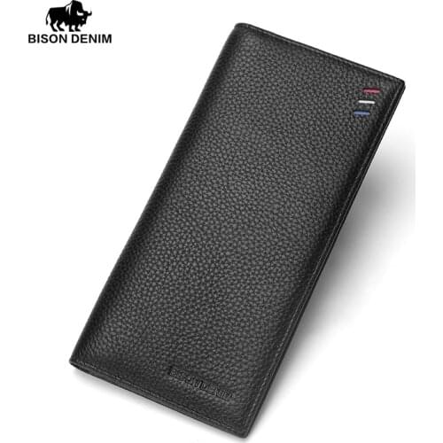 BISON DENIM fashion luxury genuine leather men wallets long slim bifold wallet credit card holder purse