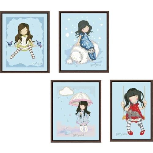 With bear cross stitch kits package cartoon girl 18ct 14ct 11ct skyblue fabric embroidery DIY handmade needlework